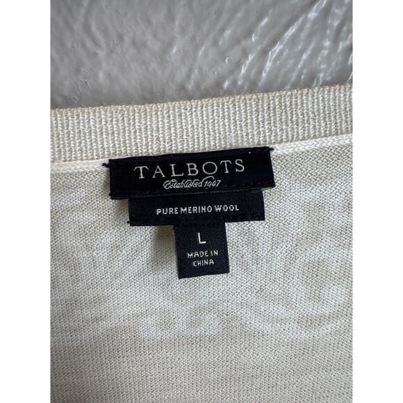 Talbots Beige Fine Merino Wool V Neck Paisley Swater Womens Size Large NWOT - Picture 3 of 5